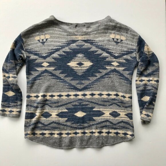 RALPH LAUREN Cotton Southwest Tribal Print Pullover Sweater blues greys cream M - Picture 12 of 14